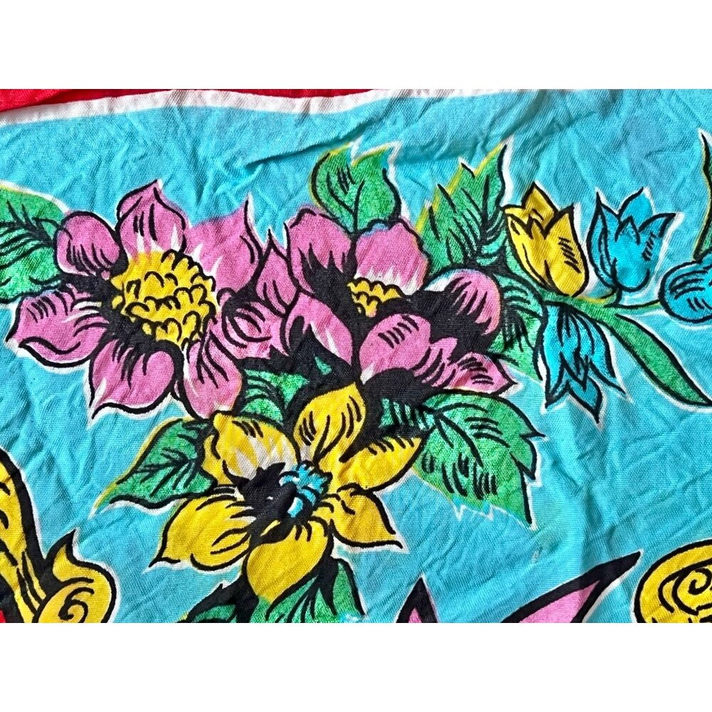 Zawadi Ya Mombasa Vintage Souvenir Scarf 28"x27" Turqoise Yellow Red Pink Green - Picture 4 of 10